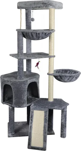 Miniatura 12 de Wang Xin Árbol para Gatos de Tres Capas con Casita para Gatos, Almohadilla para Rascar y Dos Hamacas, Beige