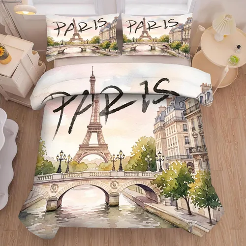 Miniatura 53 de kxry Juego de edredón de París, tamaño Queen, color rosa, Torre Eiffel Sena, ropa de cama estilo francés, edredón de paisaje urbano de París