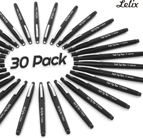 Miniatura 2 de Lelix Bolígrafos de punta de fieltro, paquete negro de 30 unidades, punta media de 0.028 in, marcadores de punta de fieltro para diario, escritura