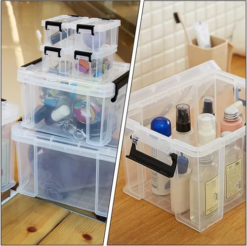 Miniatura 8 de Zerodeko Mini cajas de almacenamiento transparentes con asas, paquete de 5 recipientes pequeños transparentes para la oficina en casa, organización