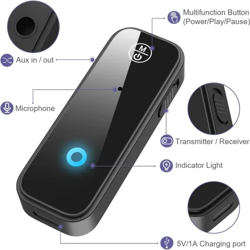 Miniatura 5 de Paquete de 2 adaptadores Bluetooth Aux para coche, receptor transmisor Bluetooth 5.3 2 en 1 para auriculares, altavoz de audio para el hogar