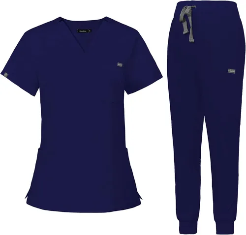 VIAOLI Conjunto de ropa quirúrgica para mujer, camiseta y pantalón deportivo, ropa de trabajo, clínica, moderna, uniforme médico (10 bolsillos)
