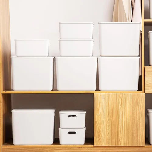 Miniatura 6 de Paquete de 5 contenedores grandes de almacenamiento de plástico blanco con tapas, caja de juguetes con asa, contenedores organizadores cestas