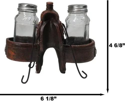 Miniatura 7 de Ebros Gift Country Western Cowboy Horse Sillín con 2 alforjas y conchos plateados, juego de estatuillas de sal y pimentero, acabado de cuero