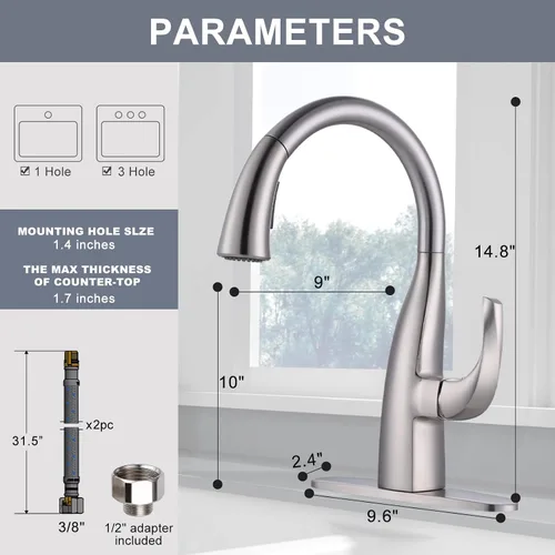 Miniatura 4 de WOWOW Grifos de cocina con dispensador de jabón, cuello de cisne de una sola manija, grifos de fregadero de cocina negros con rociador, arco alto