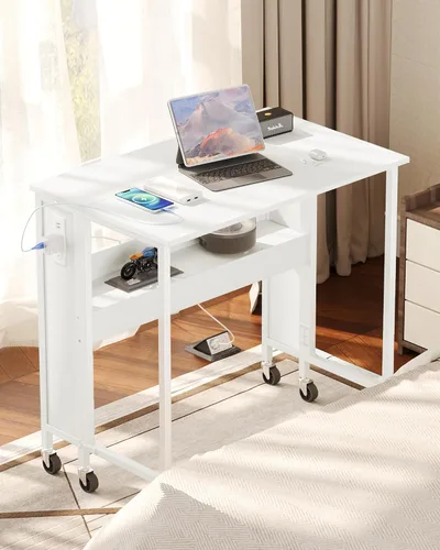 Miniatura 11 de CHOEZON Escritorio plegable moderno para computadora de 31.5 pulgadas con tomas de corriente, ruedas, almacenamiento, perfecto para espacios Negro
