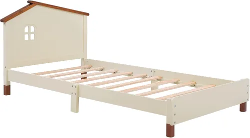 Miniatura 5 de Cama de plataforma de madera de tamaño individual con cabecera en forma de casa, soporte de listones de madera, para dormitorio de niños, niñas