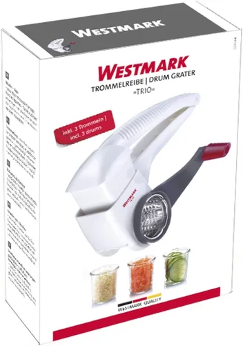 Miniatura 8 de Westmark cortadora, rebanadora, rallador multiuso giratorio de vegetales y queso con 3 tambores de acero inoxidable intercambiables (blanco)