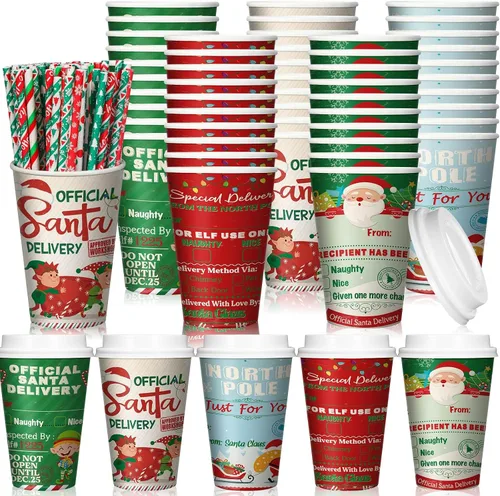 Miniatura 10 de Uiifan Paquete de 50 Tazas de Café Navideñas de 16 oz a Granel Negras Doradas con Copos de Nieve Tazas Desechables Tazas de Papel Feliz Navidad
