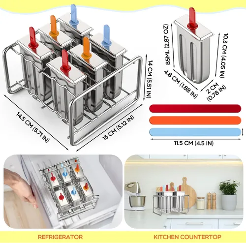 Miniatura 3 de Jingmore Moldes de acero inoxidable, 6 moldes de metal de cabeza redonda con soporte y palos reutilizables, para hacer helados de metal para yogur