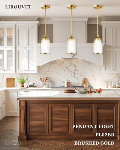 Miniatura 5 de LIROUVET Luces Colgantes Doradas para Isla de Cocina - Lámpara Colgante de Cristal Doble, Luz Colgante de 1 Luz con Cristal Transparente y Lechoso
