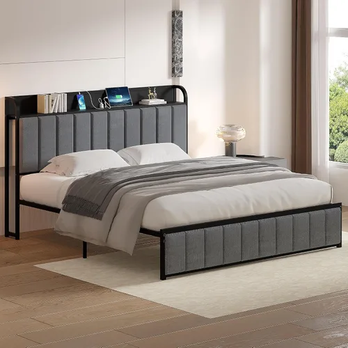 Miniatura 7 de VECELO Marco de Cama Queen, Cabecera Tapizada con Almacenamiento y Estación de Carga, Marco de Cama de Plataforma, Listones de Metal Resistente, No