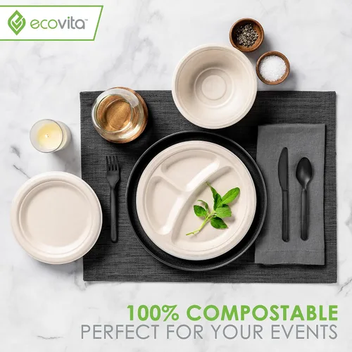 Miniatura 6 de Ecovita Platos de papel 100 % compostables [9 pulgadas] Compartimentos – 150 platos desechables ecológicos, resistentes, libres de árboles, líquidos