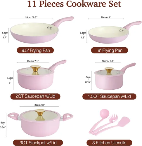 Miniatura 2 de M MELENTA Juego de ollas y sartenes antiadherentes, juego de utensilios de cocina de cerámica rosa, utensilios de cocina de inducción de 11 piezas