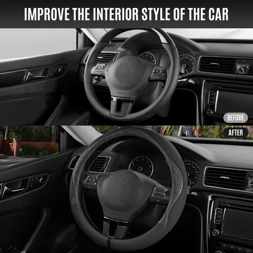 Miniatura 6 de PIC AUTO Funda para volante, diseño de retazos de cuero estampado negro, ajuste universal de 14.5 a 15.5 pulgadas, antideslizante, sin olor, piel