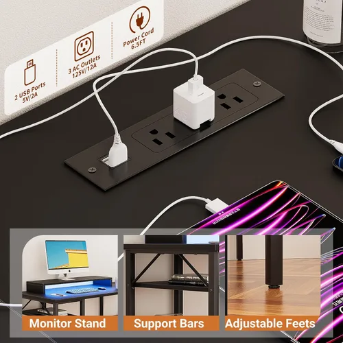 Miniatura 5 de Unikito Escritorio reversible en forma de L con tomas de corriente mágicas y luz LED inteligente, escritorio de esquina para computadora robusto