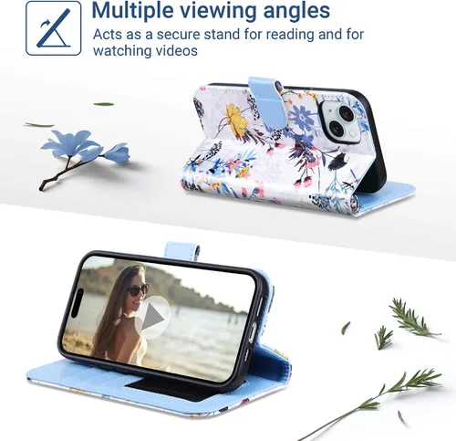 Miniatura 3 de ULAK Funda tipo cartera compatible con iPhone 15 para mujer, funda tipo cartera de piel PU premium con estampado floral y tarjetero, función