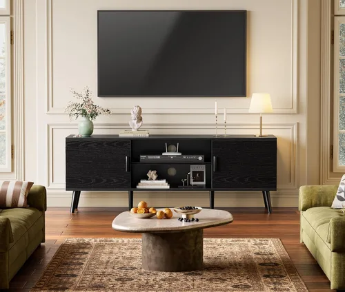 Miniatura 2 de SUPERJARE Soporte de TV para TV de 55 pulgadas, centro de entretenimiento con estante ajustable, 2 gabinetes, mesa consola de TV, consola