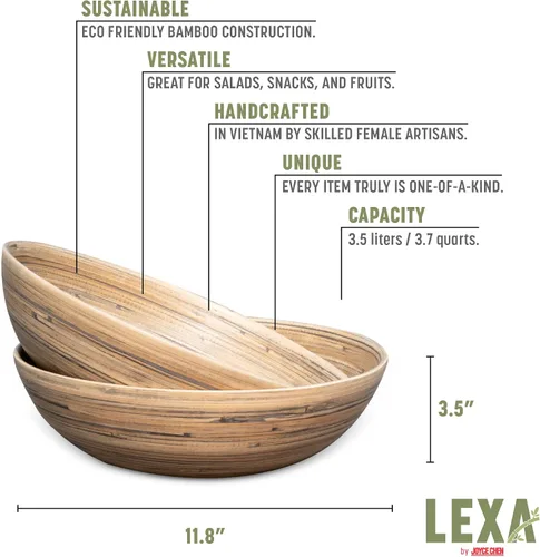 Miniatura 3 de LEXA Ensaladera de bambú hecha a mano de 12 pulgadas, cuenco de fruta grande de madera de 130 onzas para encimera de cocina, bambú negro, paquete