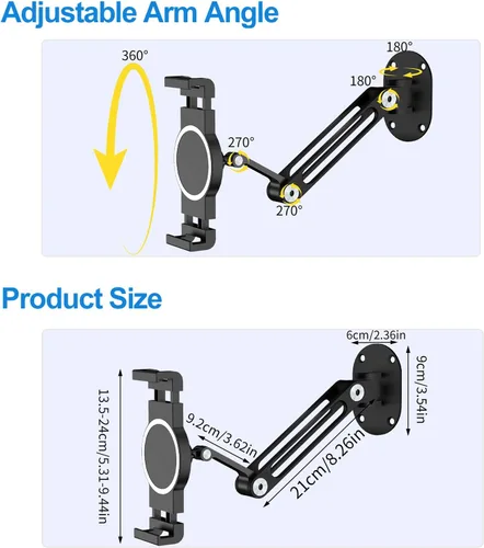 Miniatura 6 de soporte de pared para iPad, giratorio y basculante, soporte de pared para tableta de aluminio, base de rotación 360°, ajustable y plegable