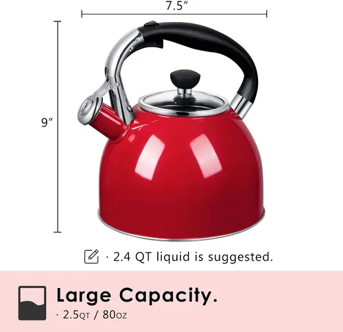 Miniatura 2 de Rorence Hervidor de té silbante: hervidor de acero inoxidable de 2.5 cuartos con fondo de cápsula y tapa de vidrio resistente al calor (rojo)