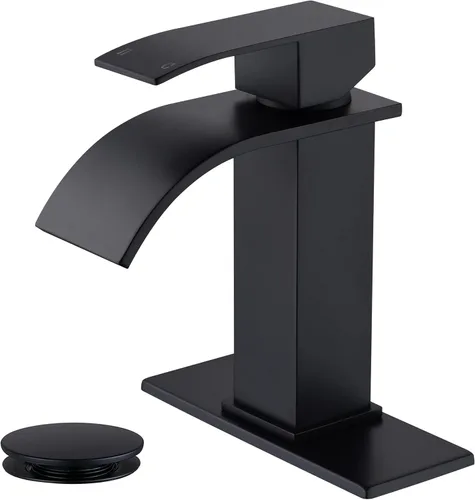 Grifo de baño de cascada negra de un solo agujero, grifo de lavabo de baño con escurridor desplegable y placa de cubierta para instalación de 3