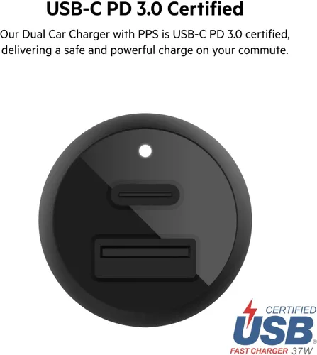 Miniatura 6 de Belkin Cargador de coche dual USB de 37 vatios - Puerto USB-C de entrega de energía de 25 W y puerto USB-A de 12 W para carga PPS de Apple iPhone