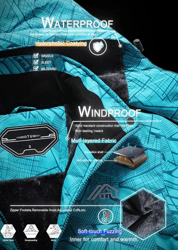 Miniatura 7 de OTU - Chaqueta de esquí impermeable para mujer, cortavientos, abrigo de nieve con capucha para invierno
