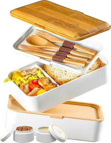 Miniatura 15 de Umami Cajas de almuerzo con 4 utensilios, tarro de salsa, Caja bento apilable que ahorra espacio para adultos, 100% a prueba de fugas, contenedores