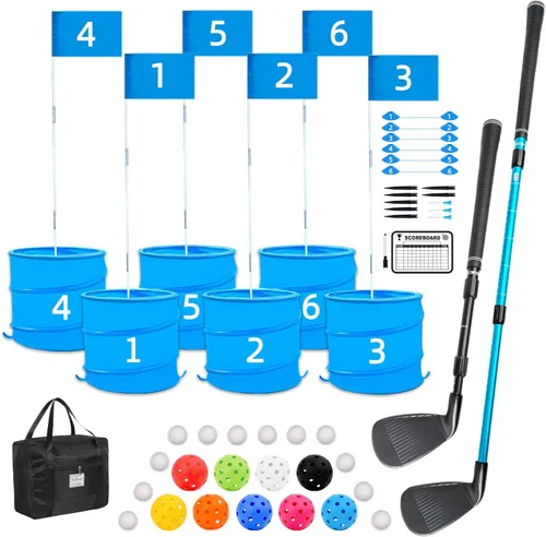 Juego de golf con 2 palos mejorados, juegos de golf de práctica con 6 cubos, regalo de golf al aire libre para familia y adultos, juego de agujeros