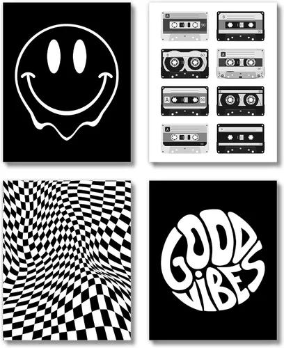 Brooke & Vine Pósteres retro de los años 70 y 80 para pared (sin marco, 8 x 10), diseño vintage de cara sonriente en blanco y negro, decoración de