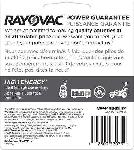 Miniatura 6 de Rayovac Baterías de alta energía de 9 V (paquete de 1) Baterías alcalinas de 9 voltios