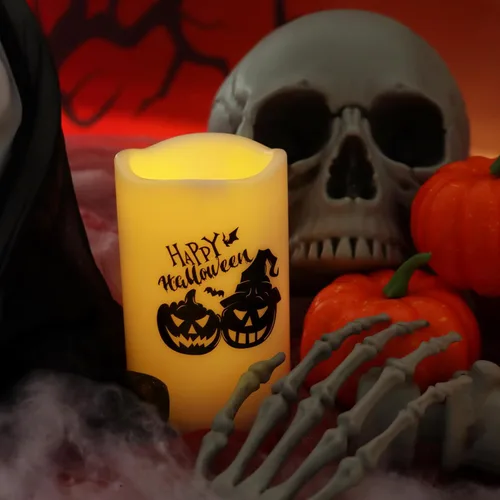 Miniatura 5 de Velas de pilar sin llama de Halloween al aire libre con temporizador diario automático, luces LED eléctricas parpadeantes realistas con calcomanías
