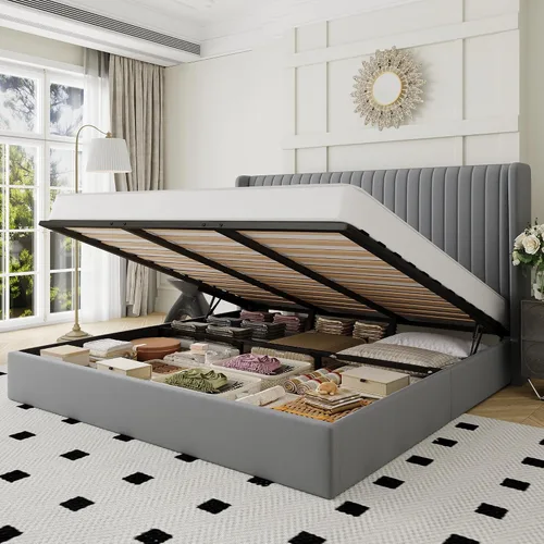 Miniatura 11 de Allewie Base de cama de almacenamiento elevable de tamaño matrimonial, sistema de soporte hidráulico, marco de cama de plataforma tapizada
