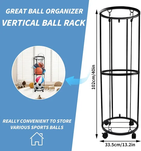 Miniatura 8 de Qivine Soportes de baloncesto de garaje para pelotas, organizador de equipo deportivo rodante con ruedas, 40 x 13.2 pulgadas, almacenamiento