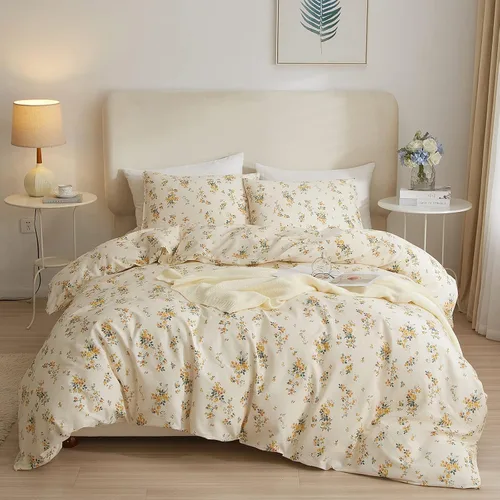 VM VOUGEMARKET - Juego de funda de edredón floral amarilla de 3 piezas para niñas, de algodón, funda de edredón de flores rosas con cierre de F#