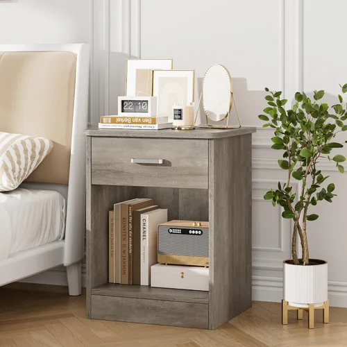 Miniatura 6 de FOTOSOK - Mesita de noche, mesa auxiliar de 2 niveles con cajón y estante de almacenamiento, mesa de noche, mesa auxiliar moderna para dormitorio