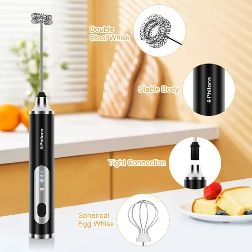 Miniatura 3 de Philorn Varita espumadora de leche recargable, mezclador de bebidas de café de mano, espumador de espuma con 3 cabezales y 3 velocidades