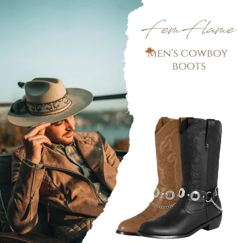 Miniatura 2 de Botas vaqueras para hombre, botas de tacón grueso bloqueado con correa Chonco cosidas, botas occidentales cerradas, punta redonda, botas bordadas a
