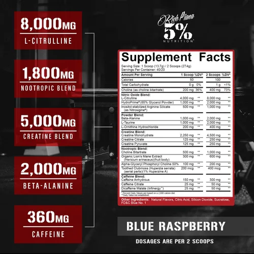 Miniatura 2 de 5% Nutrition Rich Piana Reloaded High Stim Pre-Workout Ultra energía, enfoque, bombas, potencia y resistencia Citrulline, GlycerSize