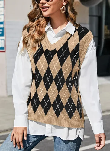 Miniatura 2 de HOCOSIT Chaleco de punto con cuello en V para mujer, estilo preppy a cuadros, sin mangas, suéter corto