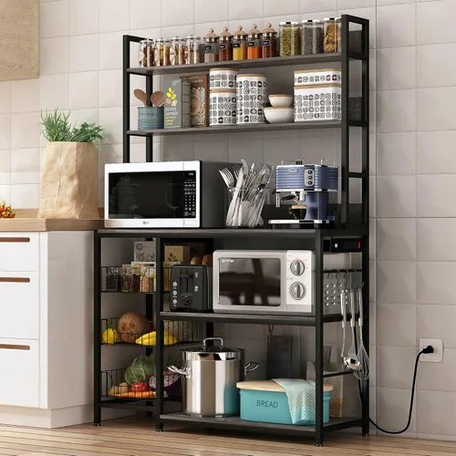 Miniatura 9 de Estante para panaderos con cestas y toma de corriente, estante de almacenamiento de cocina de 5 niveles con ganchos, estante de soporte para horno