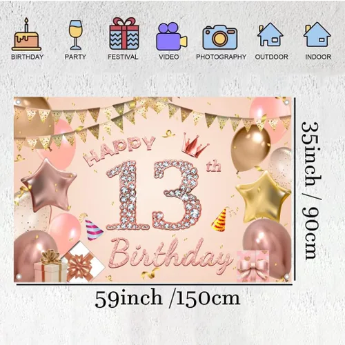Miniatura 2 de Cartel de tela para decoración de cumpleaños número 13 para niñas de 13 años, cartel de tela para fiesta de cumpleaños de niña, fondo de foto rosa
