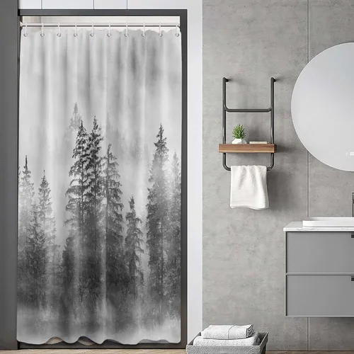 Miniatura 2 de Cortina de ducha estrecha para hombre, diseño de bosque negro y gris, para casa rodante, juego de decoración de baño, tela impermeable con ganchos