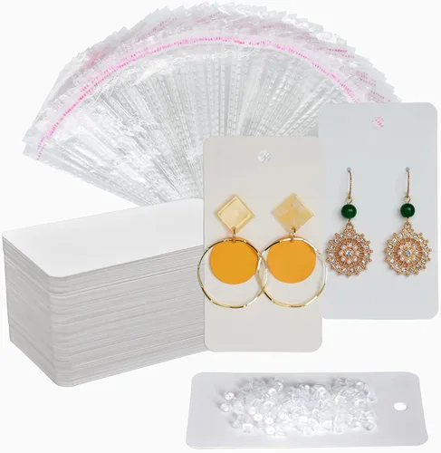 Miniatura 7 de Twavang Juego de portatarjetas para aretes, 100 tarjetas de exhibición de aretes de papel kraft, 100 pares transparentes de aretes con 100 bolsas