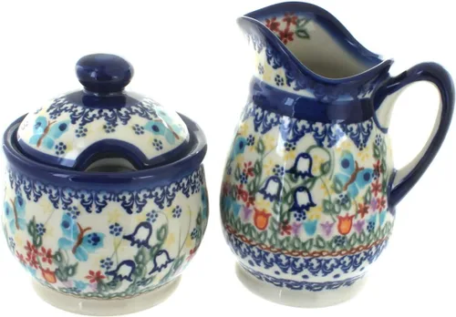 Miniatura 7 de Set de crema y azúcar de flor de manzana y cerámica polaca de rosa azul