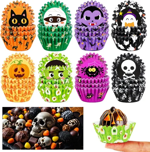 Miniatura 11 de AUGSUN 800 piezas de mini moldes para cupcakes de Navidad, envolturas para cupcakes con diseños de Santa, muñeco de nieve, bosque, moldes mini