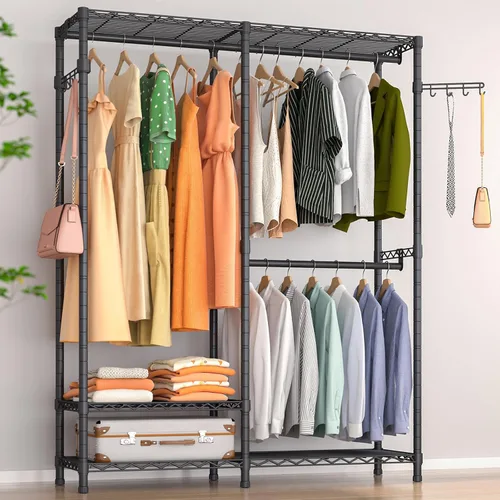 Miniatura 7 de Perchero de Ropa Resistente, 3 Niveles de Estantes de Alambre Metálicos Ajustables, Organizador de Armario y Perchero de Almacenamiento para Colgar