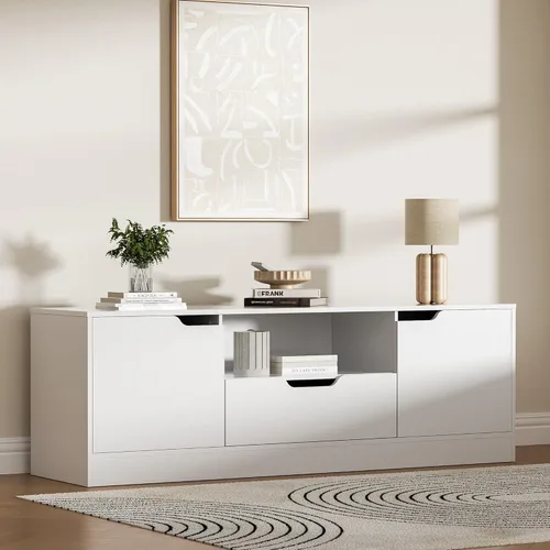 Miniatura 10 de Housoul Soporte de TV para TV de 55/60/65 pulgadas, centro de entretenimiento con 2 puertas y cajón, consola de TV multimedia con gabinete de Negro