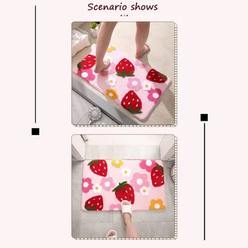 Miniatura 2 de Tapete de baño suave y acogedor con diseño de fresa, antideslizante, lavable, lanudo para dormitorio, tapete absorbente de flores, tapete para Rosado